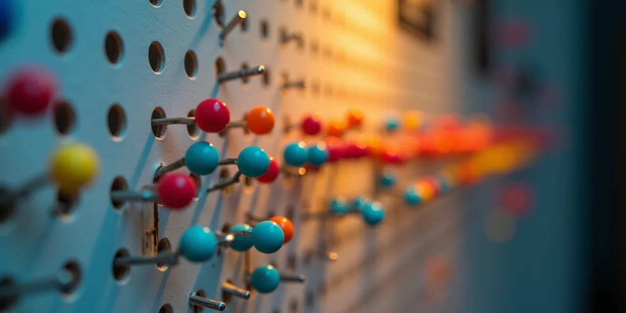 A pegboard with colored pins and threads connecting clusters of similar pins into distinct groups separated by empty ...