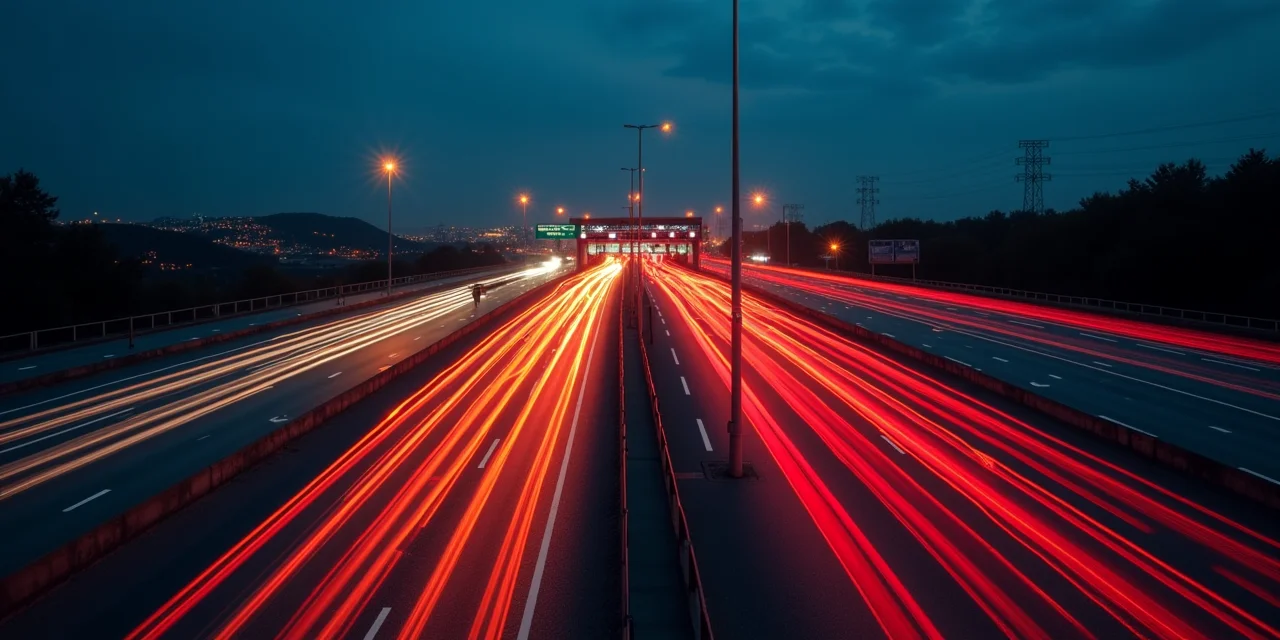 A time-lapse photograph of car tail lights on a highway at night forming long red streaks through a toll booth with i...