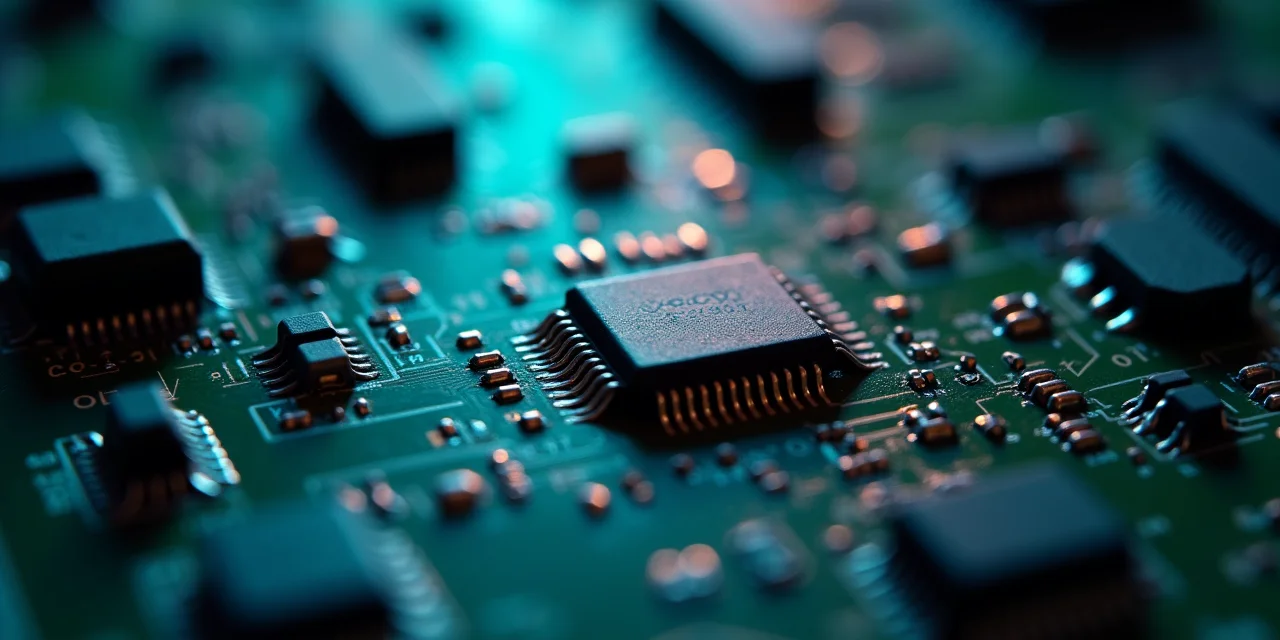 A circuit board with one chip soldered at a wrong angle among rows of identical components