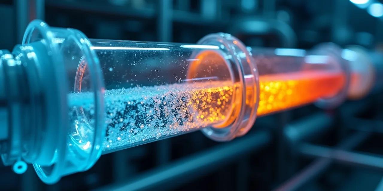 Transparent industrial pipeline with three processing chambers showing pipelined fluid flow
