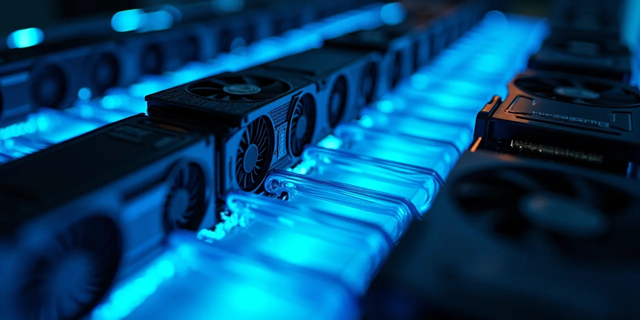 Rows of GPU compute blades in a liquid-cooled server chassis with visible blue coolant flowing through transparent tu...