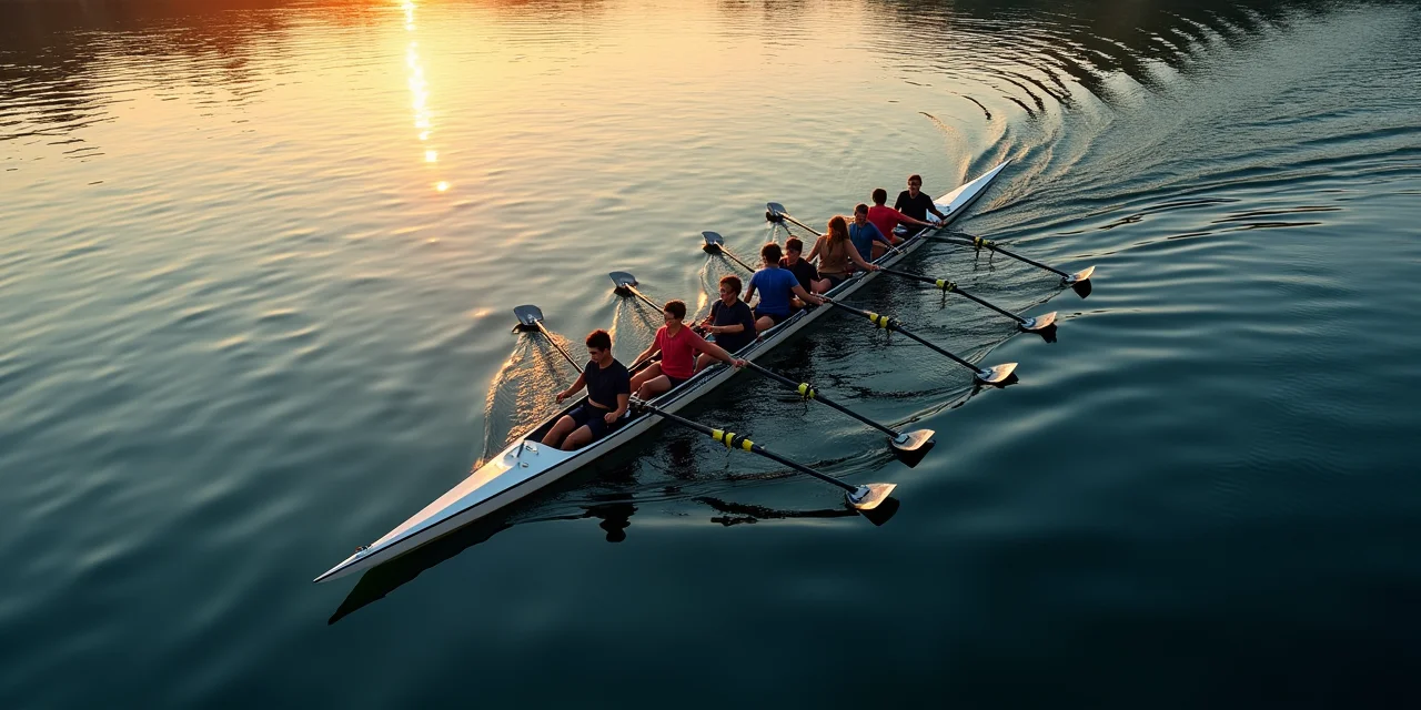 A rowing eight-oar boat with all oars captured mid-stroke in perfect synchronization on calm water
