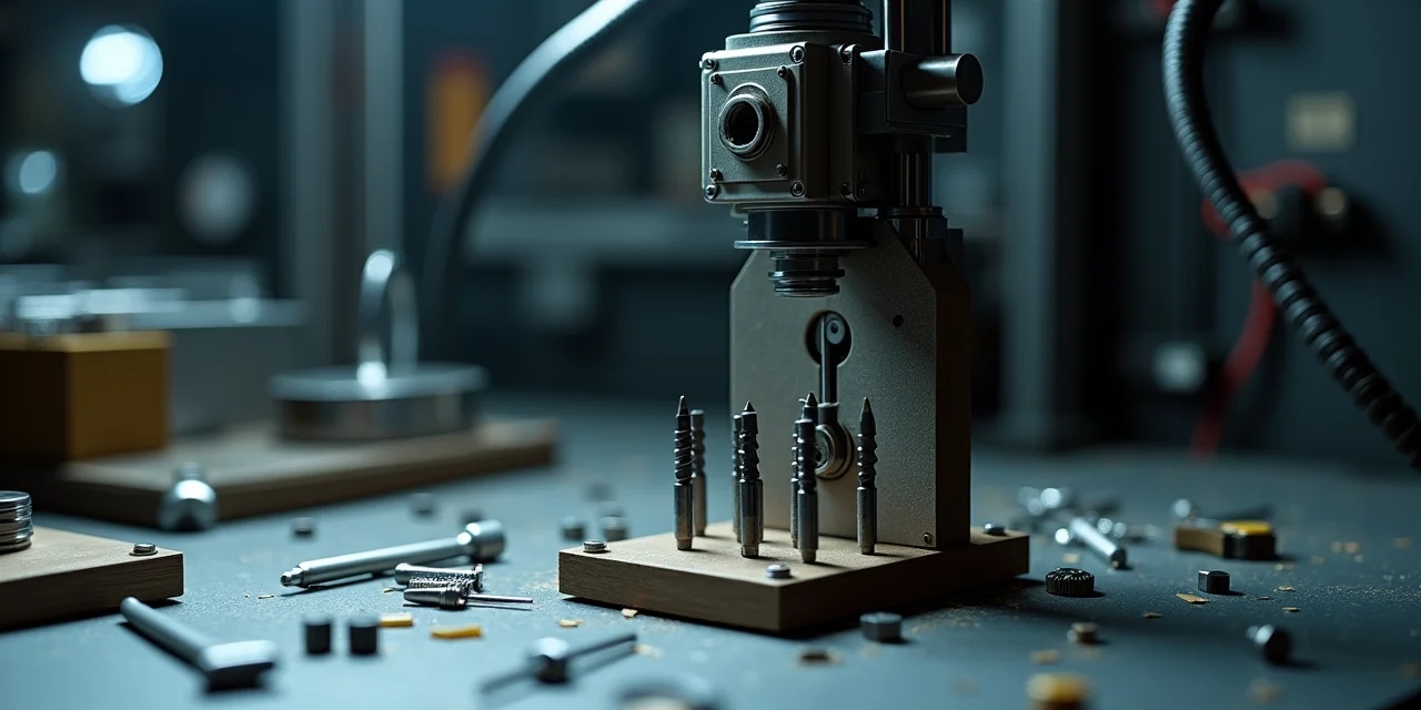 An automated lock-picking test rig pressing pick tools against a high-security deadbolt