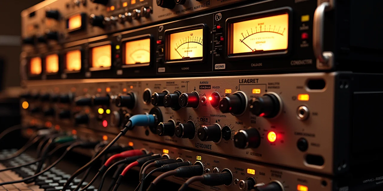 Recording studio outboard rack showing complete signal chain from preamp to converter with VU meters