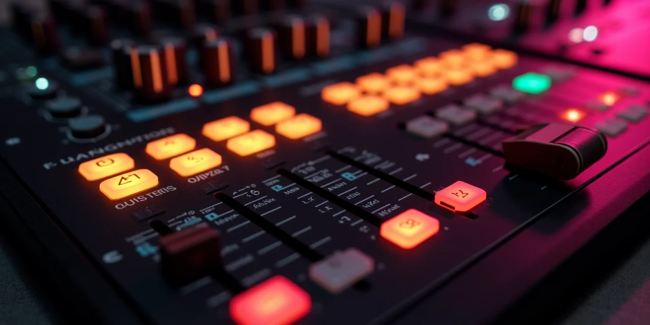 A sound effects mixing board with multiple channels labeled with different augmentation types