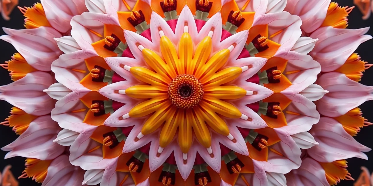 A kaleidoscope view showing the same original flower image multiplied and transformed into dozens of rotated