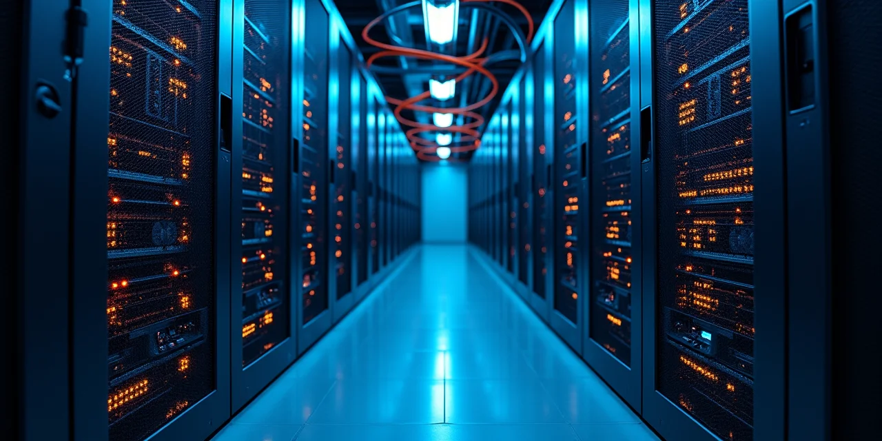 Two identical server racks facing each other with looping cable infrastructure and synchronized LEDs