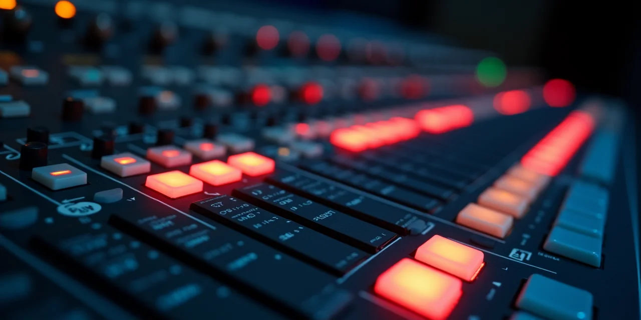 Broadcast routing matrix panel with crosspoint buttons showing active signal routes
