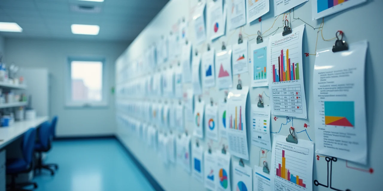 A laboratory wall covered in dozens of small clipboards each holding a different chart or graph