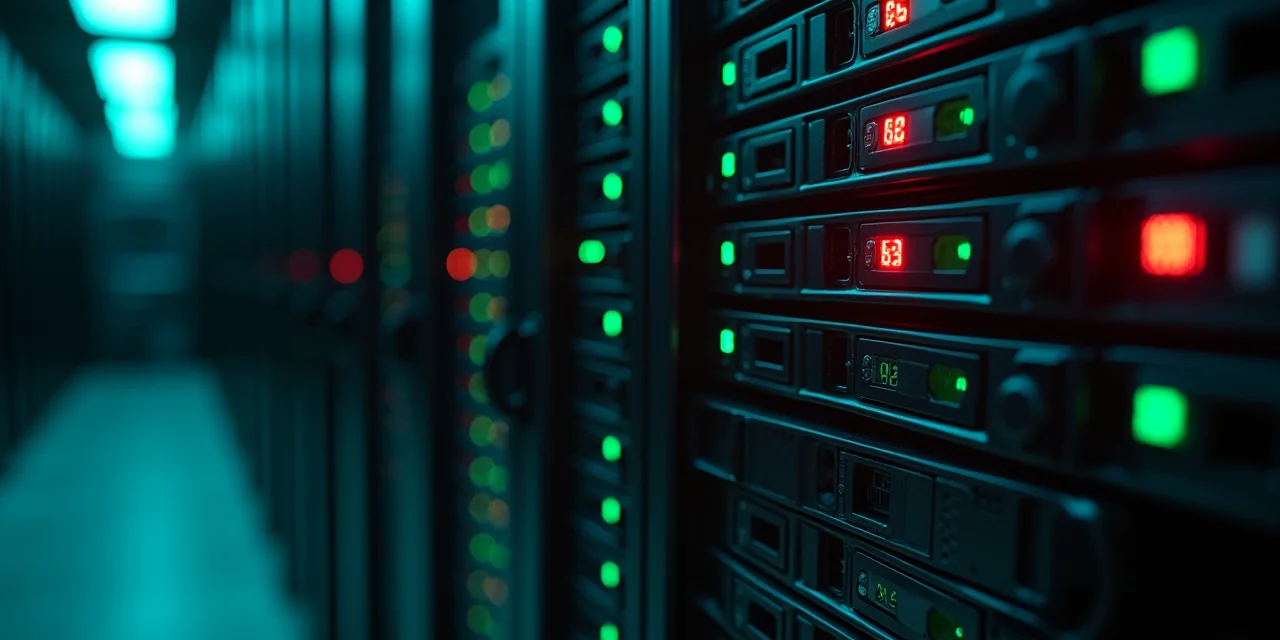 A server disk array with five red fault LEDs among rows of green healthy drive indicators