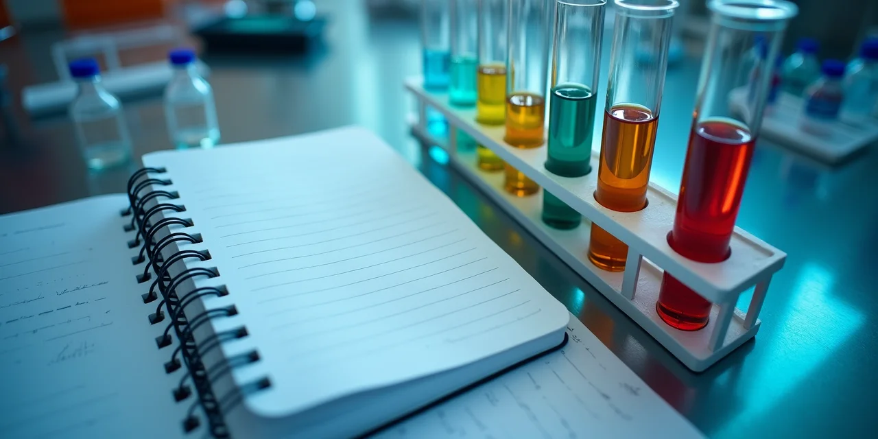 A laboratory notebook open next to multiple test tubes in a rack