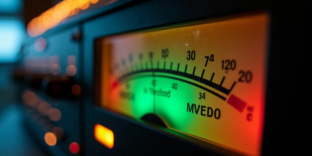 Professional peak program meter with needle swinging above detection threshold line