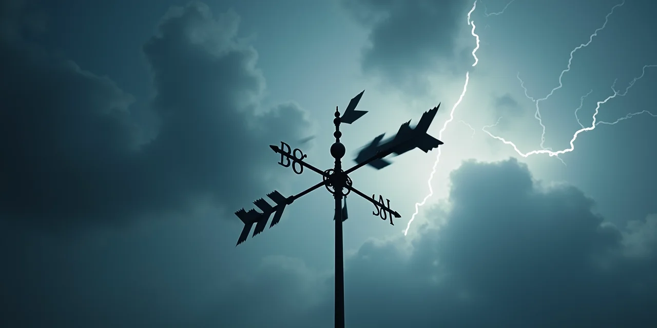 A weather vane spinning in strong wind with motion blur on the pointer against a sharp background of storm clouds