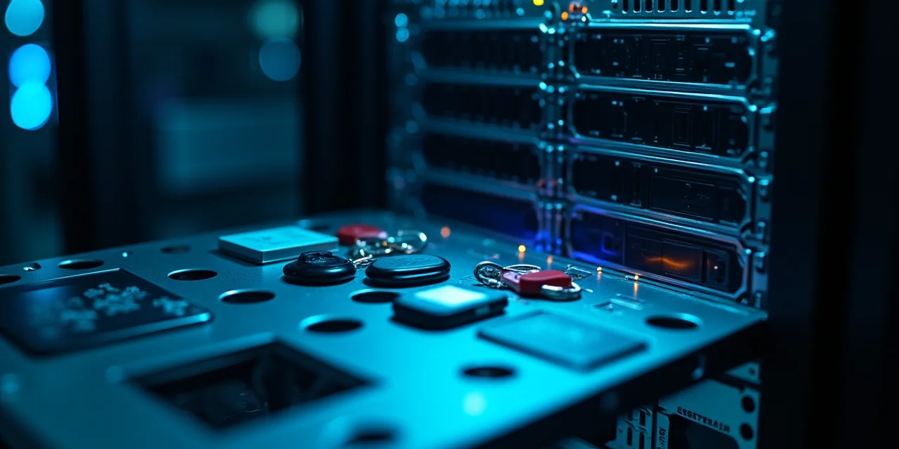 A server chassis with security panel removed, hardware tokens scattered across the exposed interior
