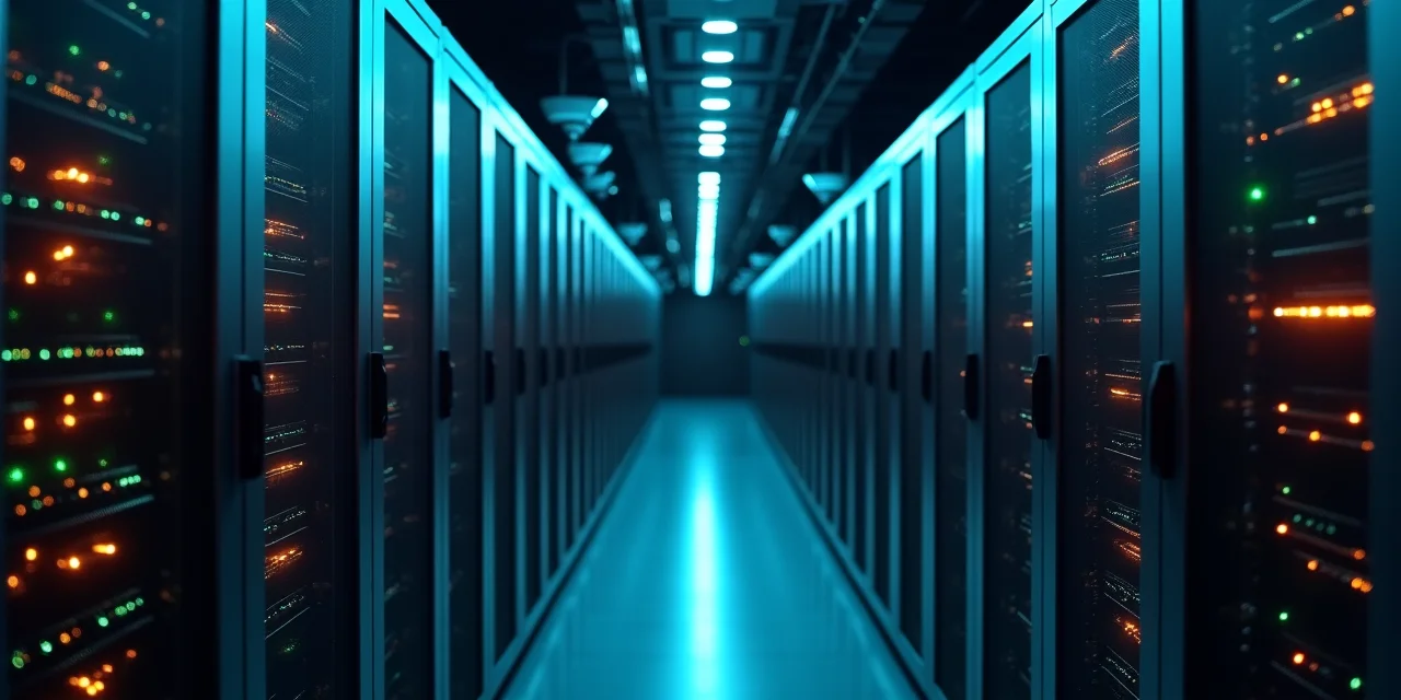 A data center aisle with security cameras above each rack showing active green indicators
