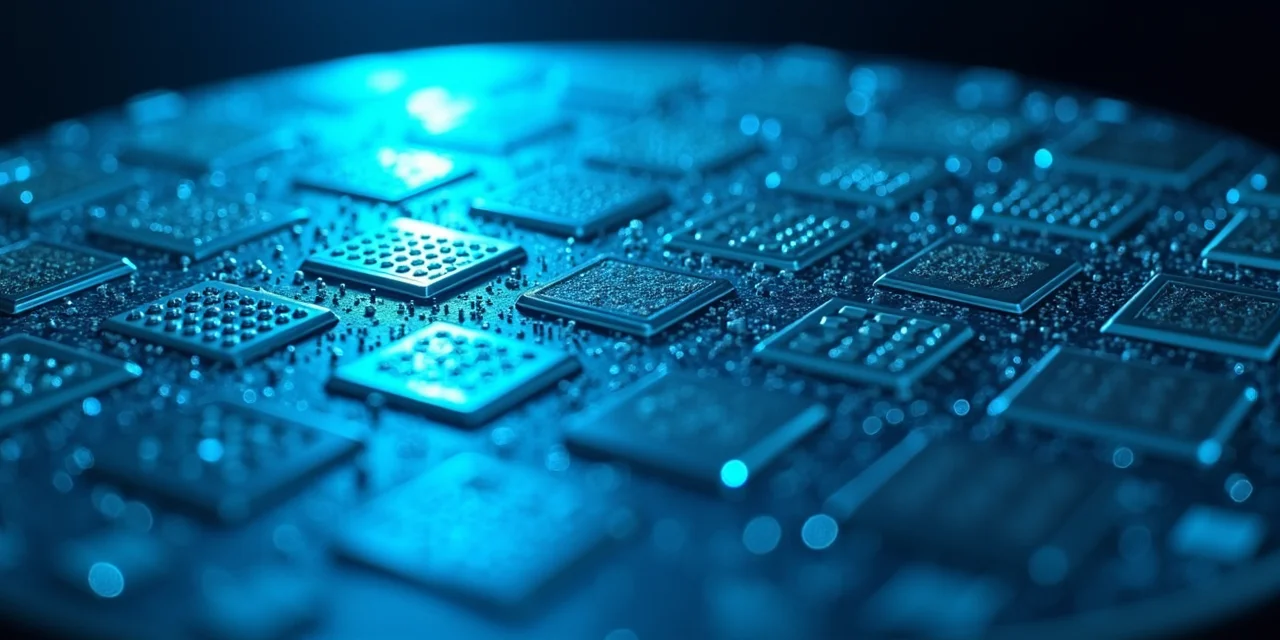 A silicon wafer under a microscope with multiple different chip layout patterns visible in adjacent die