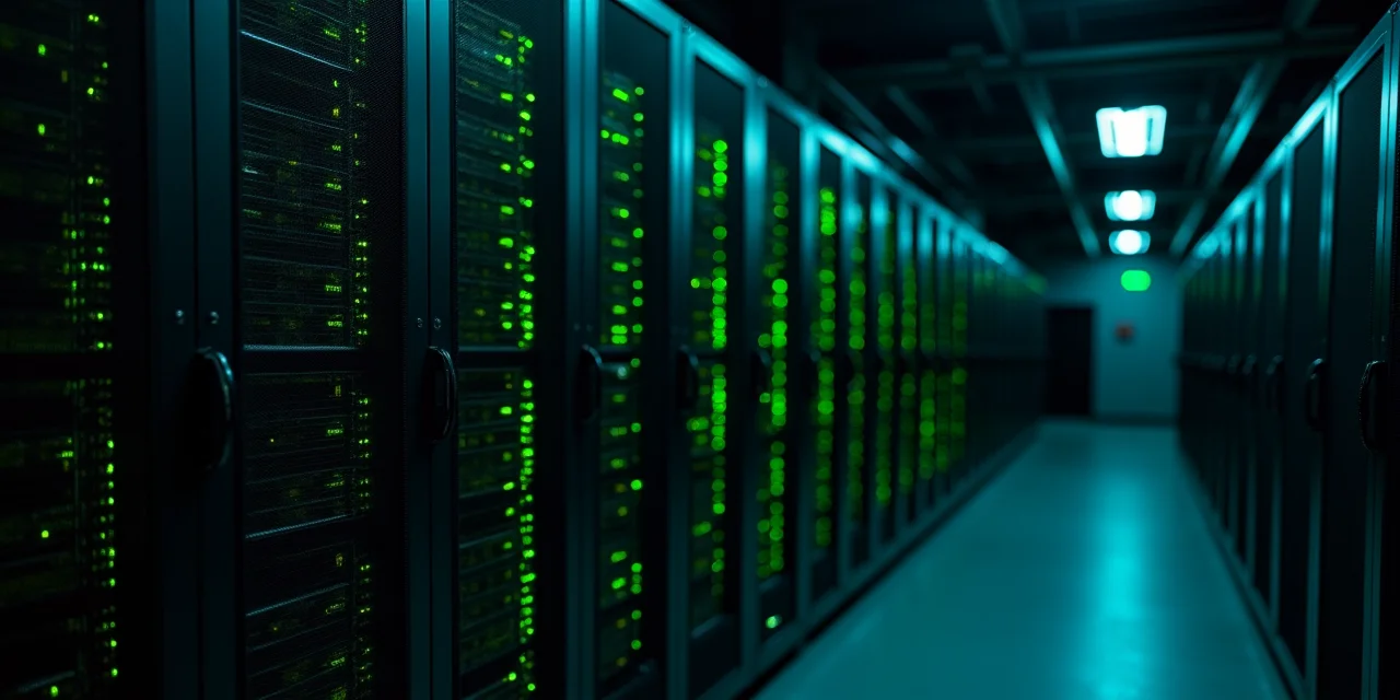 A large server rack with most units powered down showing dark LEDs