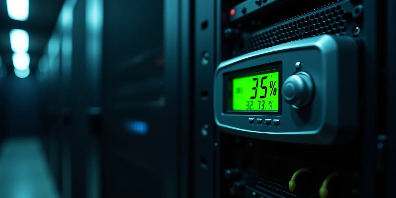 A power meter on a server rack showing dramatically low consumption with a green efficiency indicator