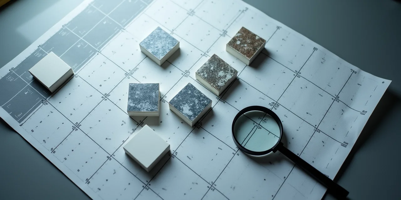 Photographic print on cutting mat divided into grid with tiles separated and loupe magnifier examining one