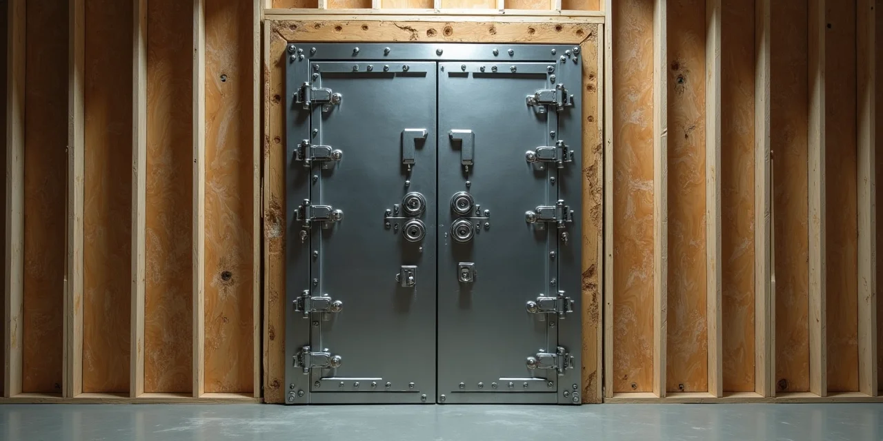 A heavy vault door set into exposed drywall studs showing the gap between secure door and weak wall