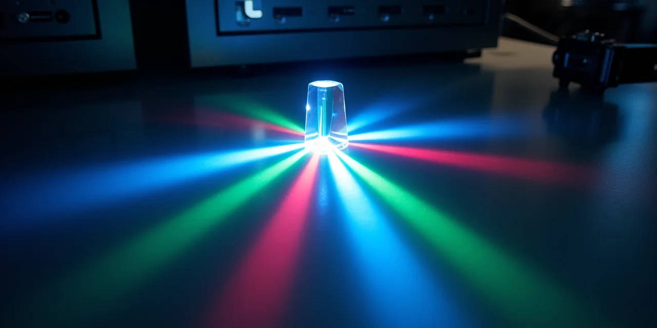 White laser beams splitting through a glass prism into multiple diverging colored paths on a dark optical bench
