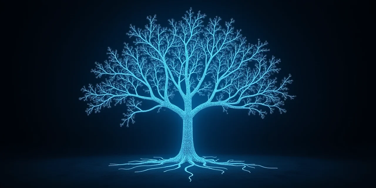 A tree of fiber optic cables branching from one thick trunk into progressively thinner branches