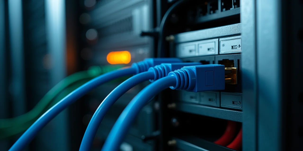 A network cabinet where one cable bypasses the firewall appliance to reach an internal switch