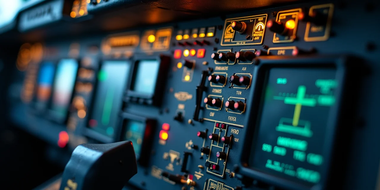 Aircraft cockpit instrument panel with every control tagged with colored adhesive dot stickers