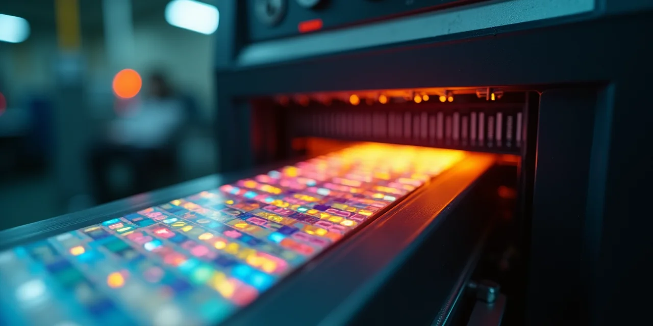 A continuous strip of analog magnetic tape being fed through a digitizer that outputs discrete colored blocks onto a ...