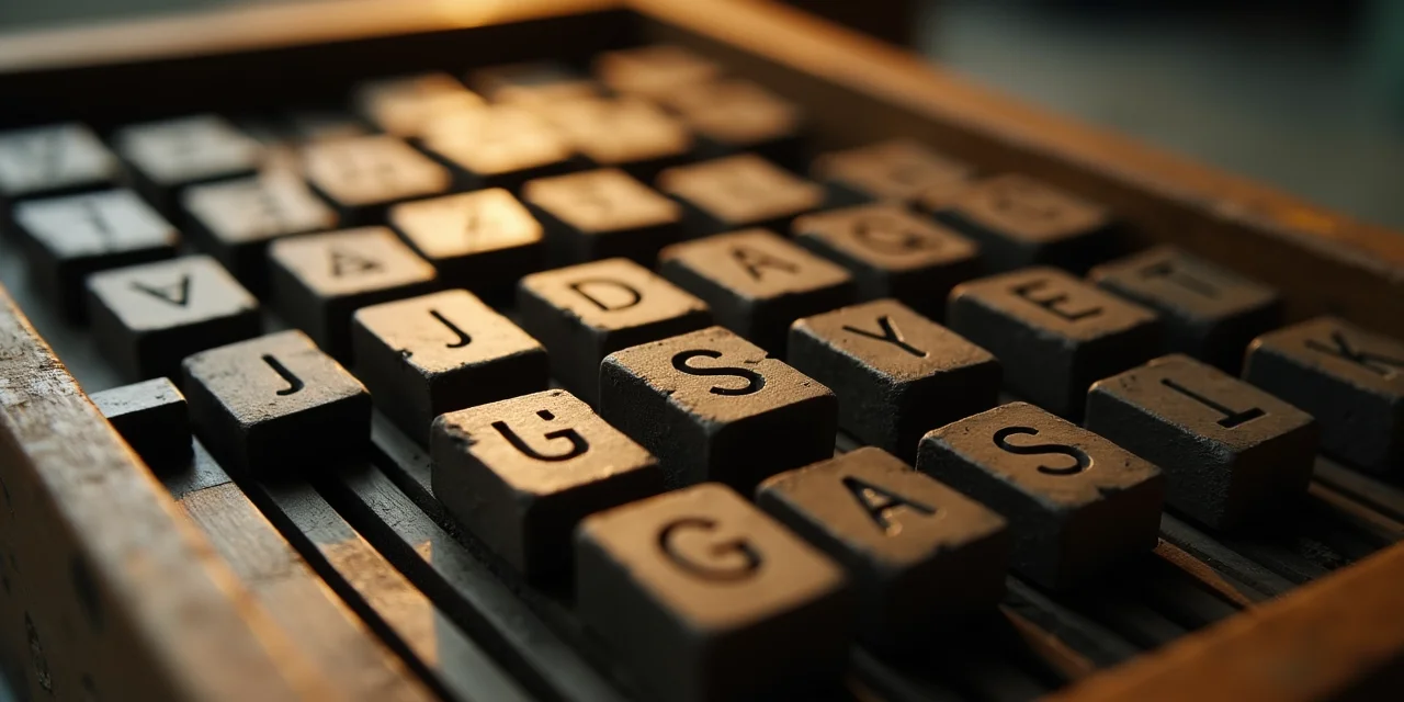 A typesetter's composing stick with moveable type blocks being arranged