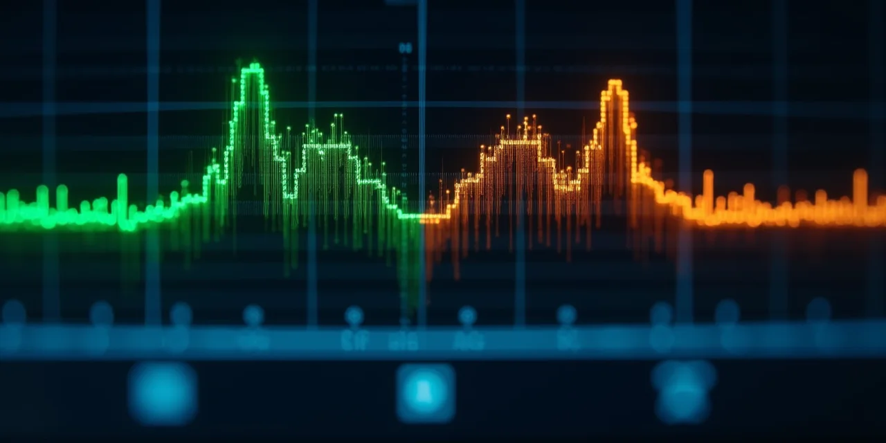 Two nearly identical audio waveforms on a spectrum analyzer with microscopic differences