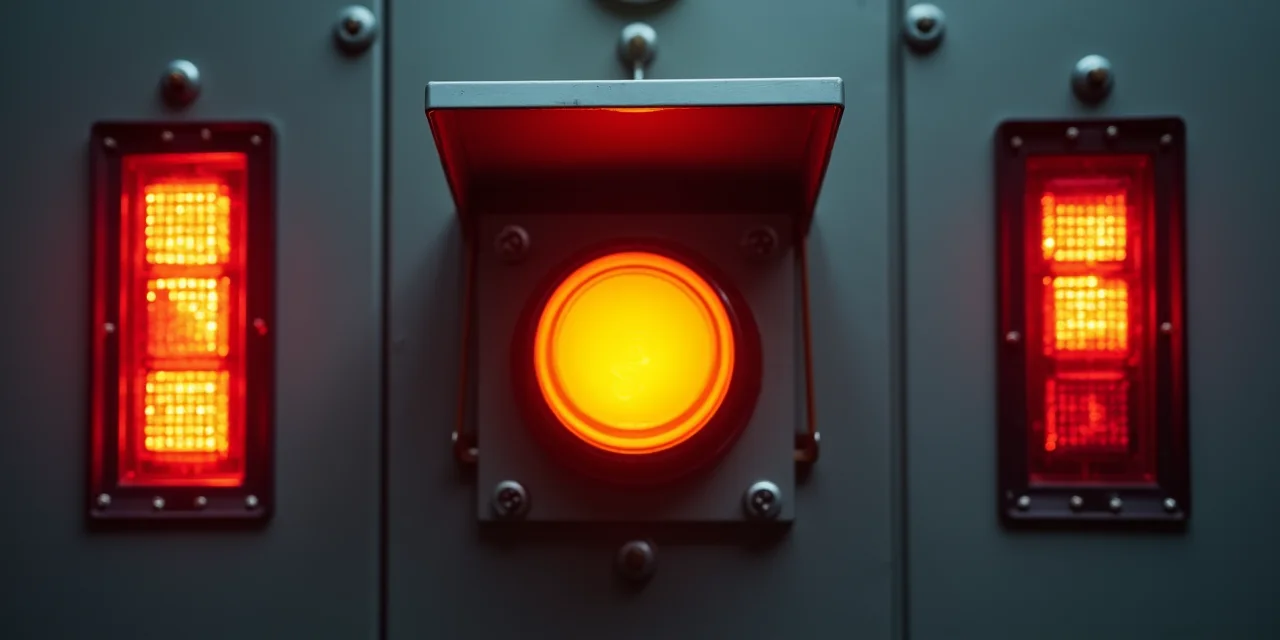 An industrial safety panel with a guarded emergency override switch