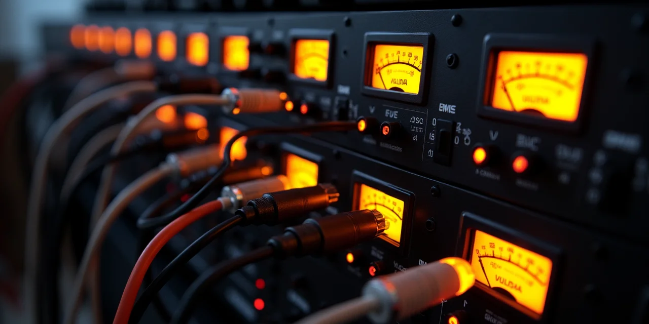 A signal processing rack with DSP modules in sequence, VU meters showing active signal levels