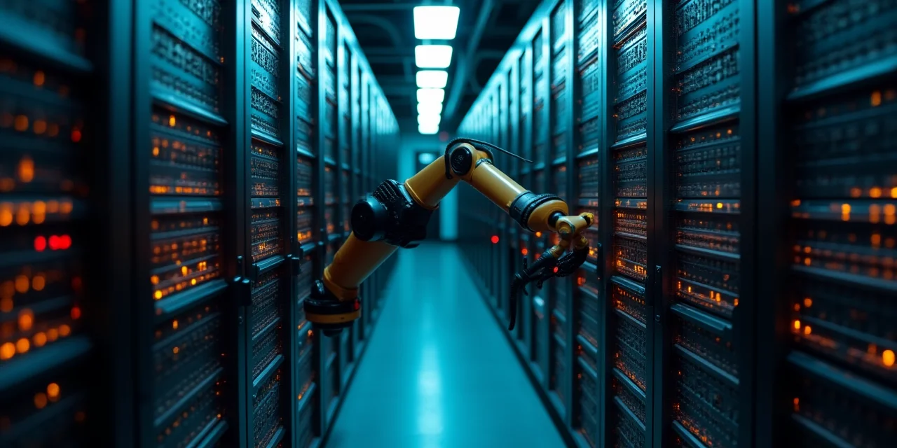 An automated tape library robot arm reaching for cartridges in a massive wall of storage slots