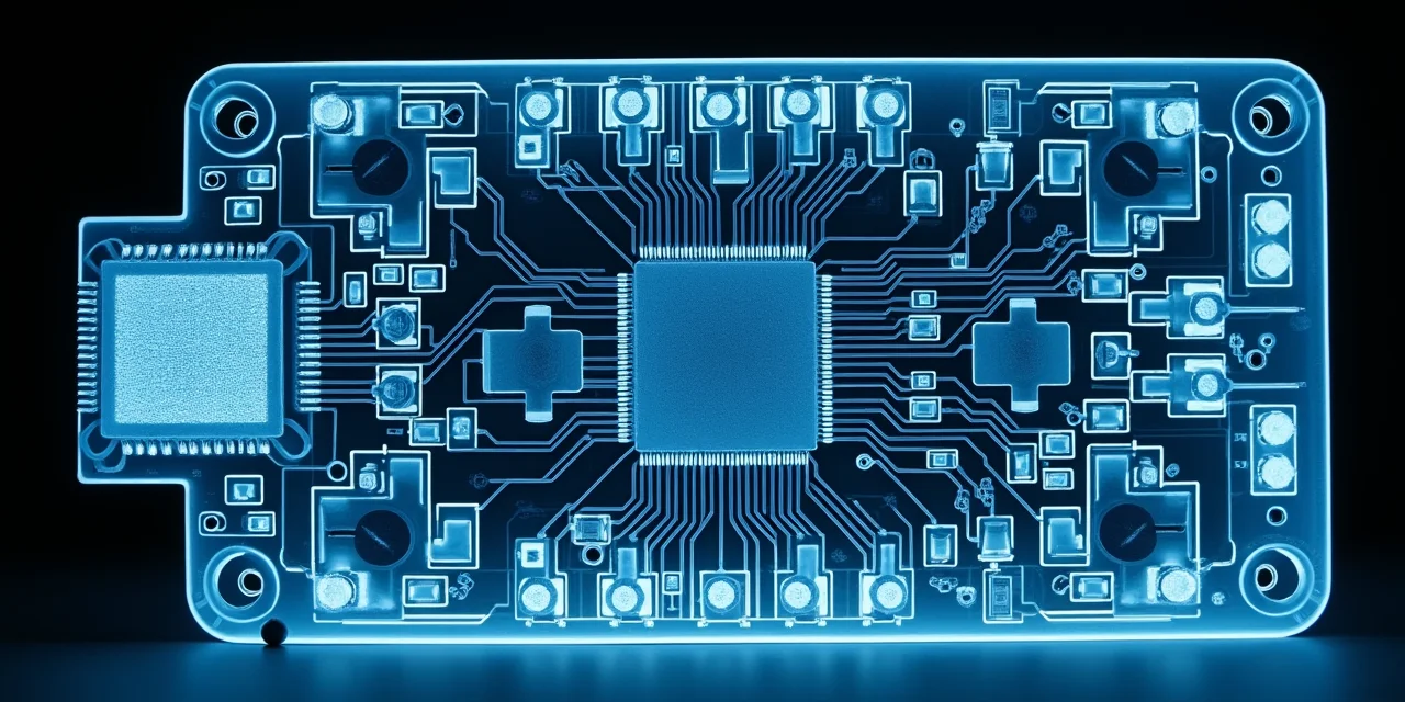 An X-ray image of a circuit board with one chip revealing an anomalous internal structure