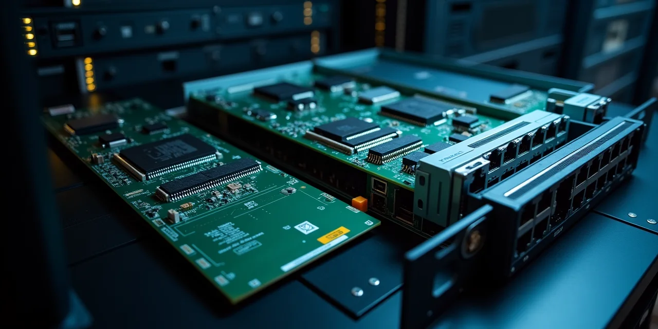 A network gateway appliance partially removed from its rack showing the internal circuitry