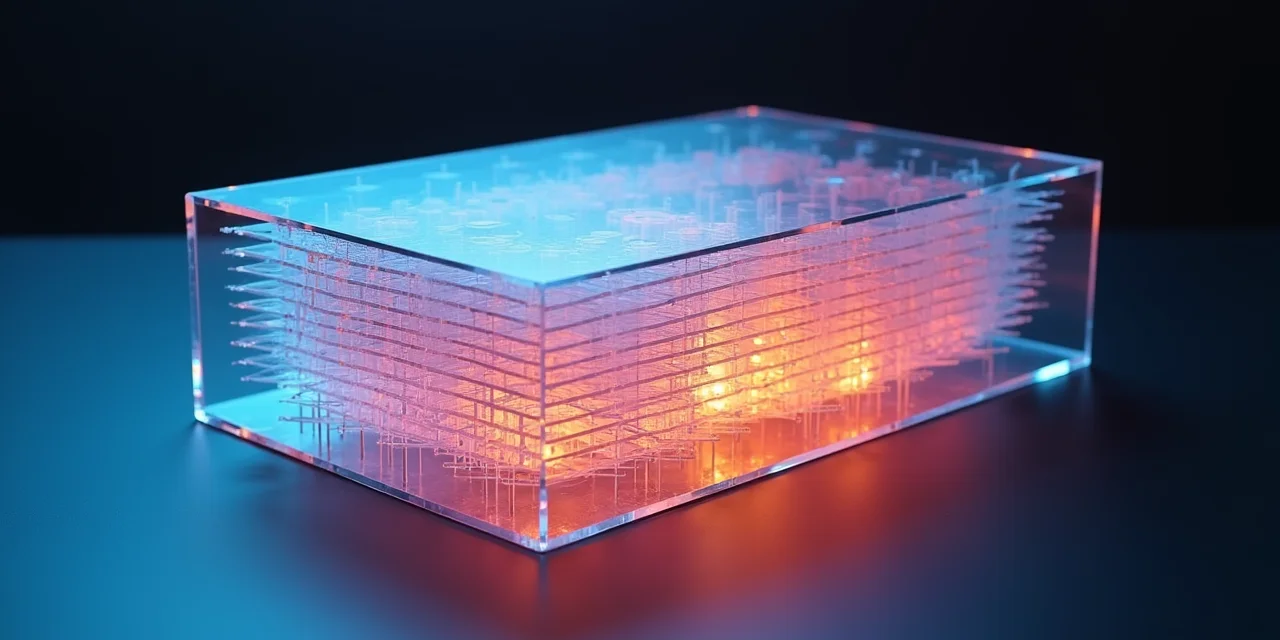 A transparent layered acrylic model showing neural network layers stacked from bottom to top with light passing throu...