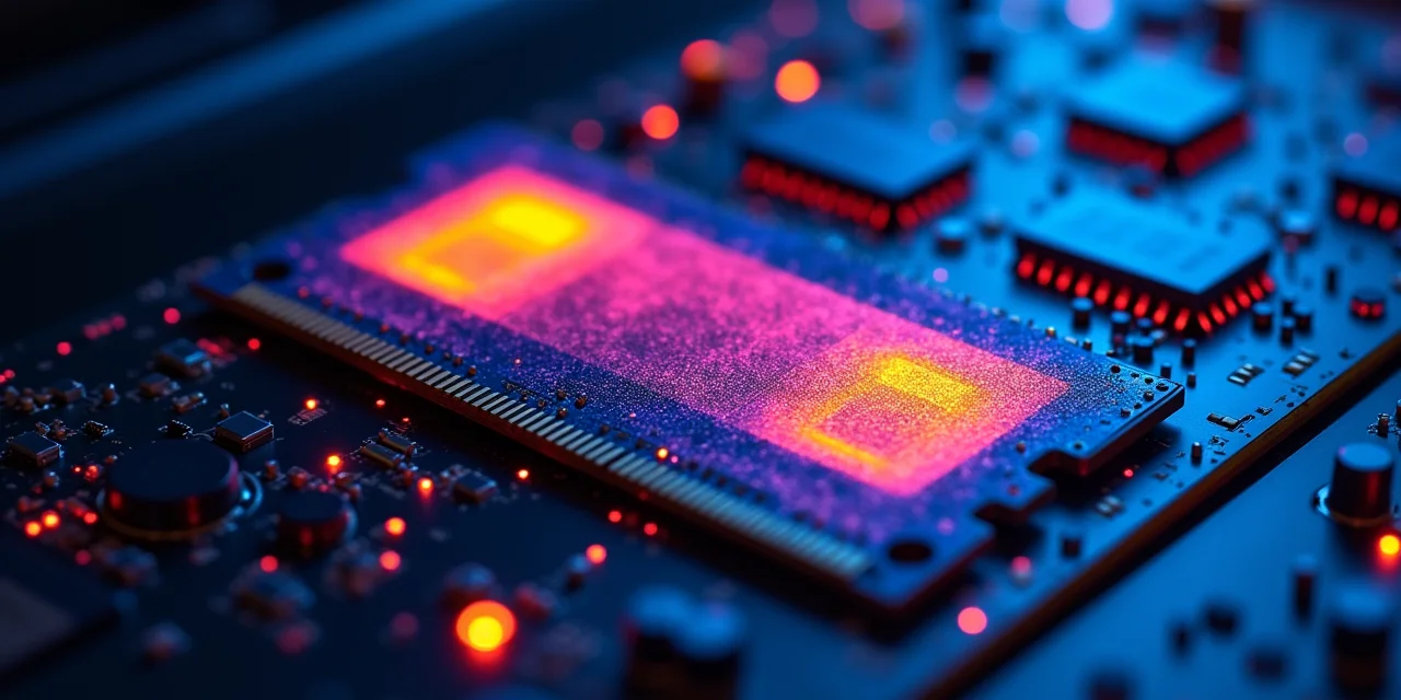 A RAM module with thermal imaging overlay showing warm active regions against cool inactive sectors