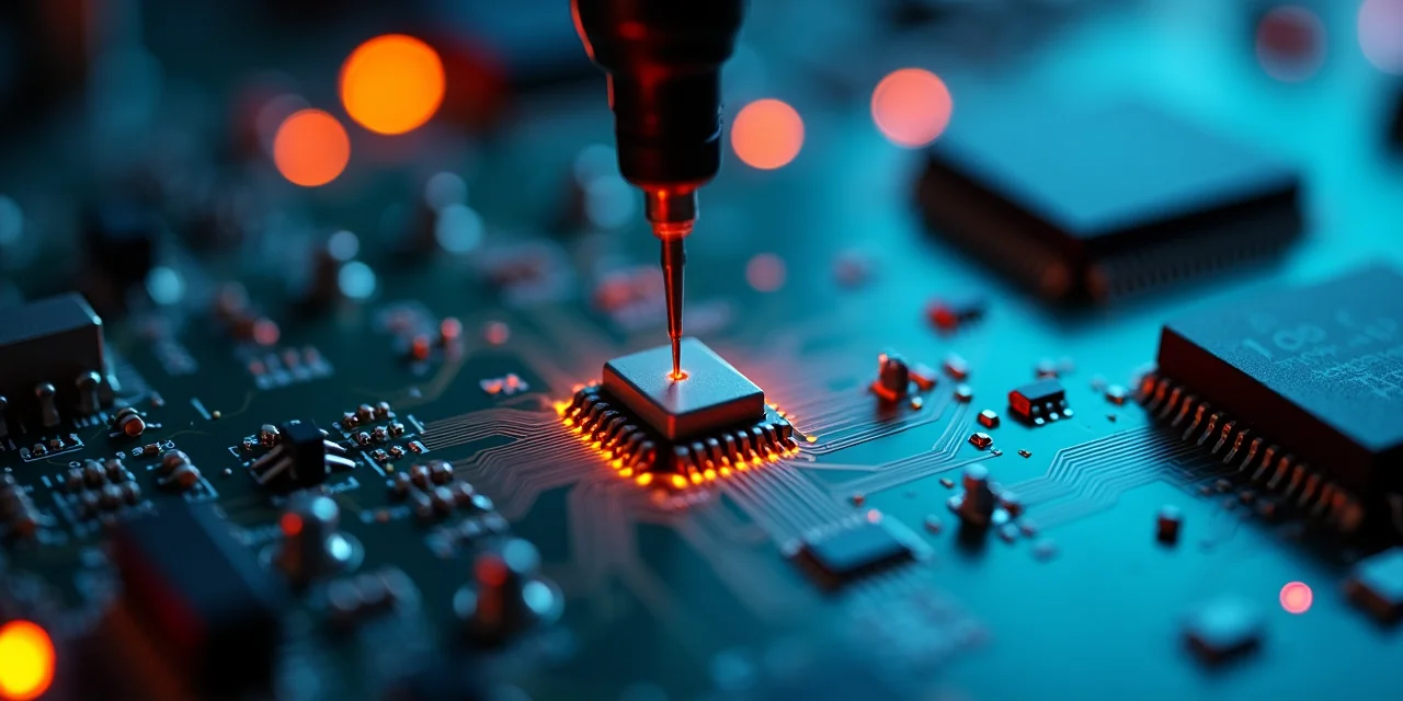 An oscilloscope probe inserted directly into circuit board traces, bypassing external I/O ports