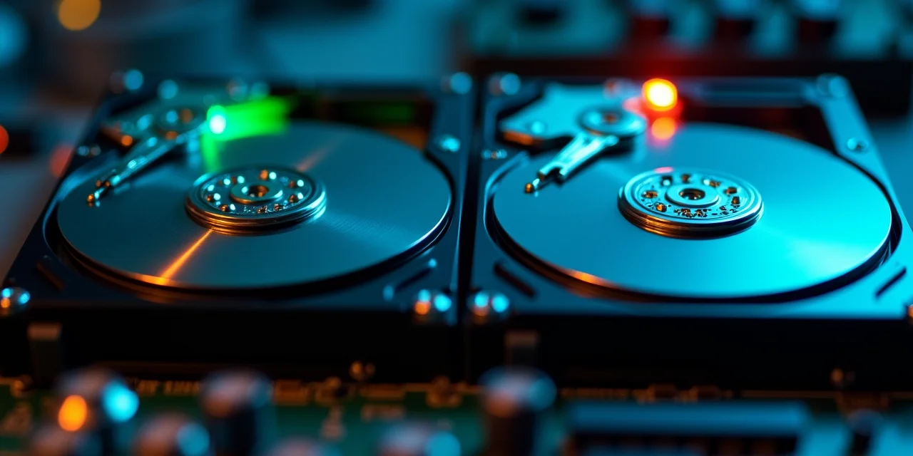 A hard drive testing station with two identical drives mounted side by side