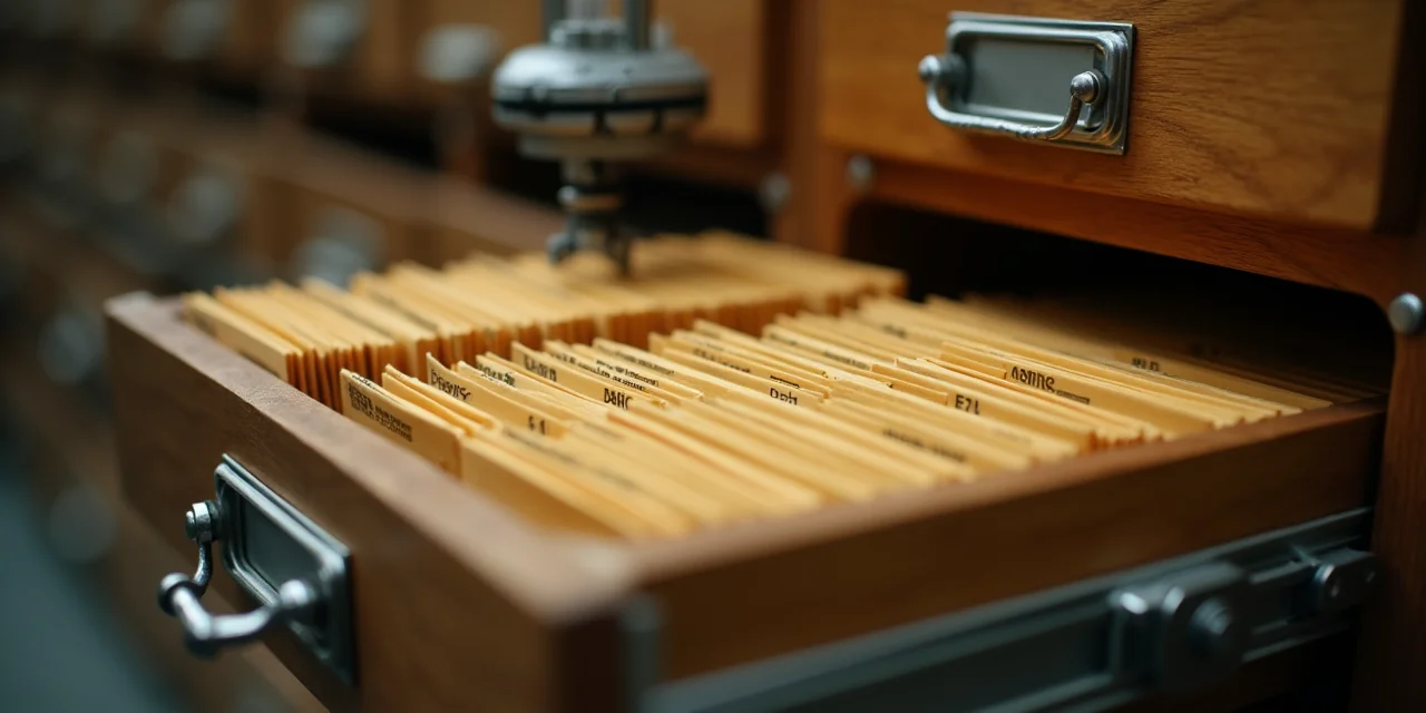 A card catalog drawer pulled open with index cards being sorted by a mechanical arm