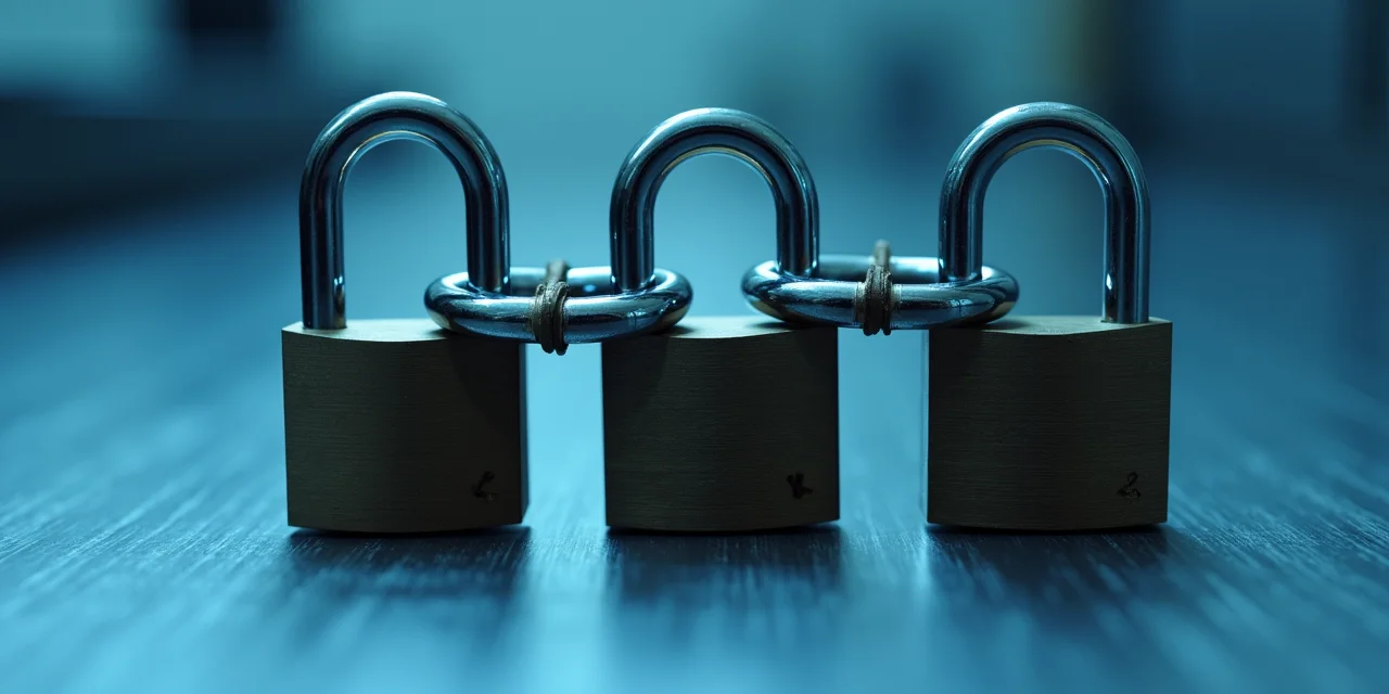 Three combination padlocks linked in a chain, all three hanging open simultaneously