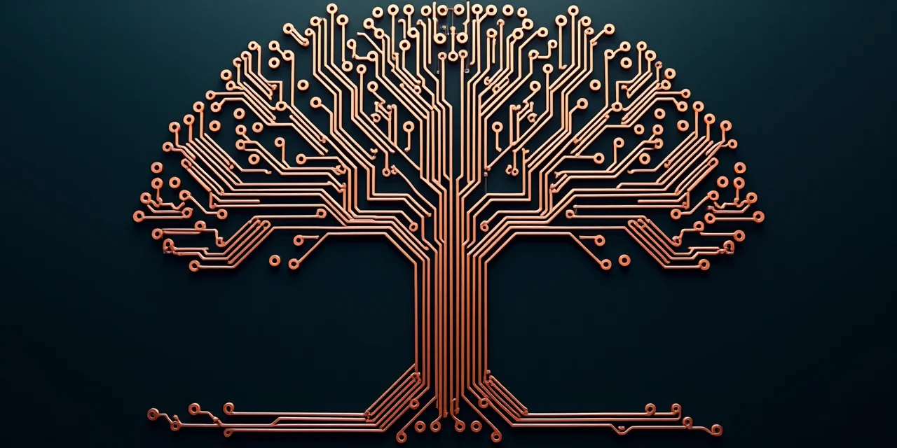 A circuit board trace pattern forming a tree structure branching from one root at the bottom into many leaf nodes at ...