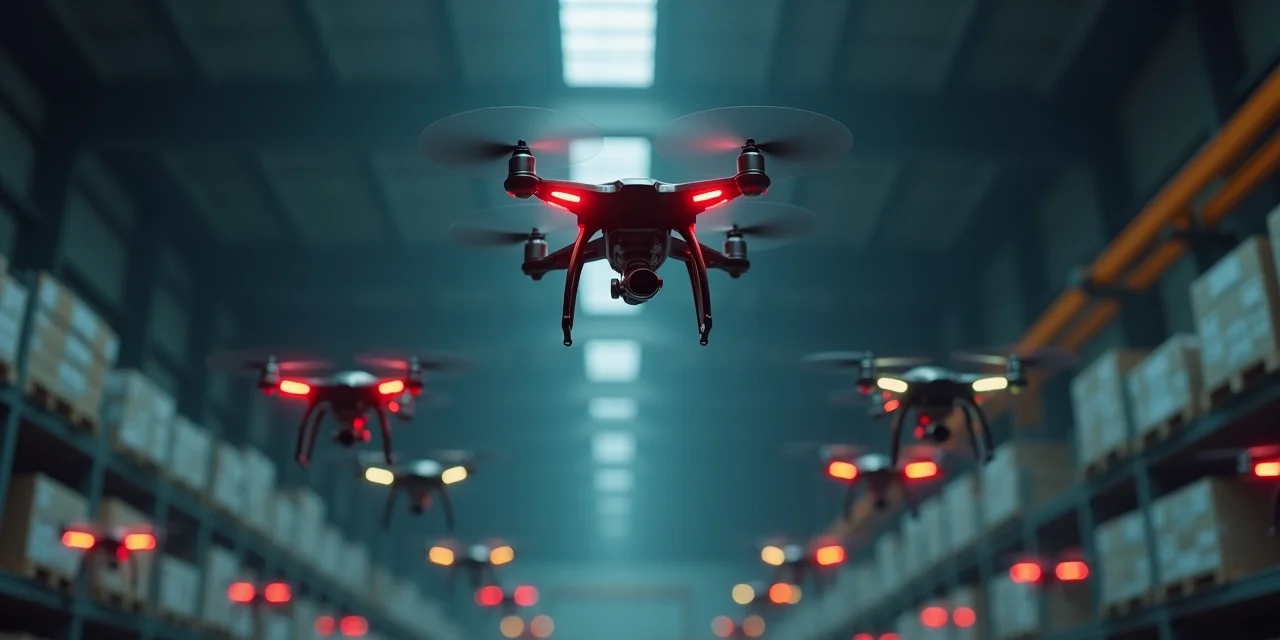 A formation of small quadcopter drones hovering at different altitudes inside a warehouse