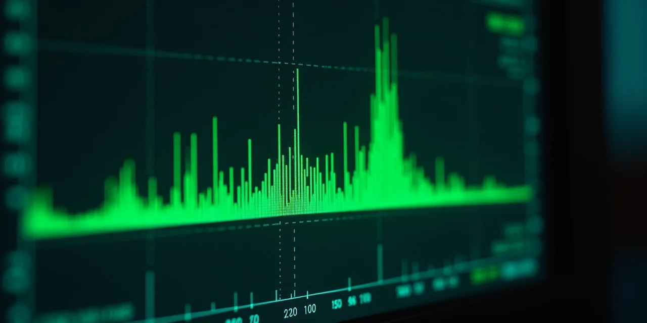 A spectrometer display with a smooth curve and one anomalous spike, glowing green in a dark lab