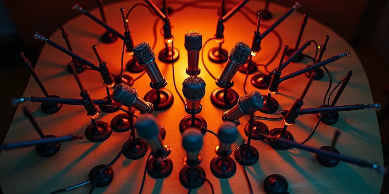 An array of small desktop studio microphones arranged in a circular pattern on a table
