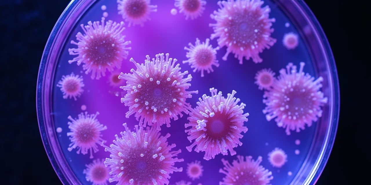 A petri dish under ultraviolet light showing bacterial colonies at different stages of evolution