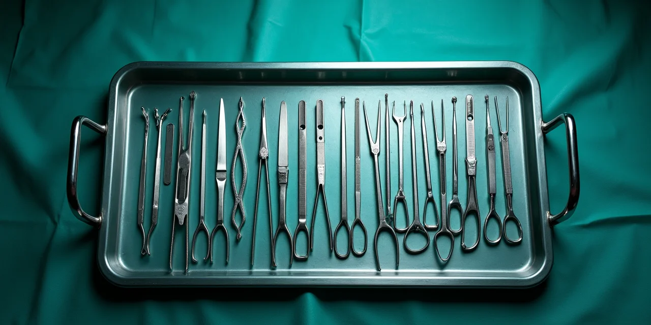 A surgical instrument tray on a sterile field with precision tools arranged in strict operational order