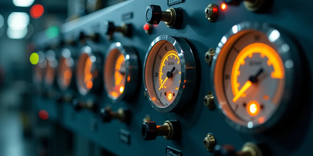 An industrial control panel with pressure gauges
