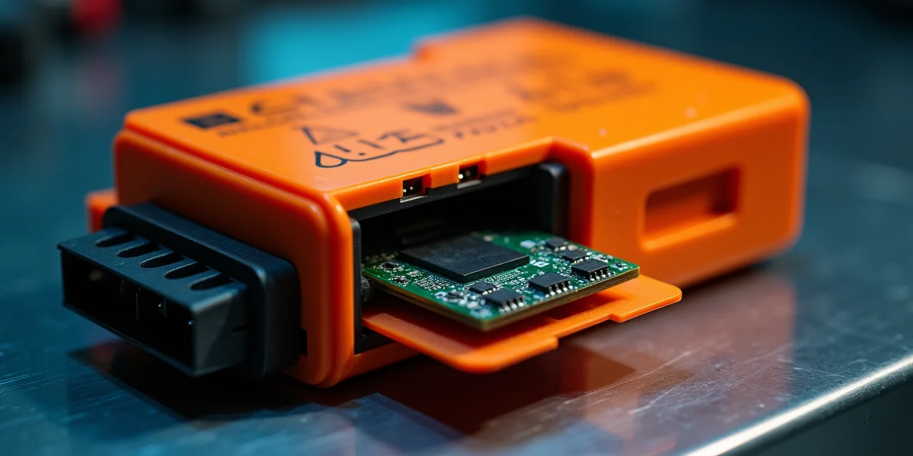 A bright orange flight data recorder on a forensic inspection bench